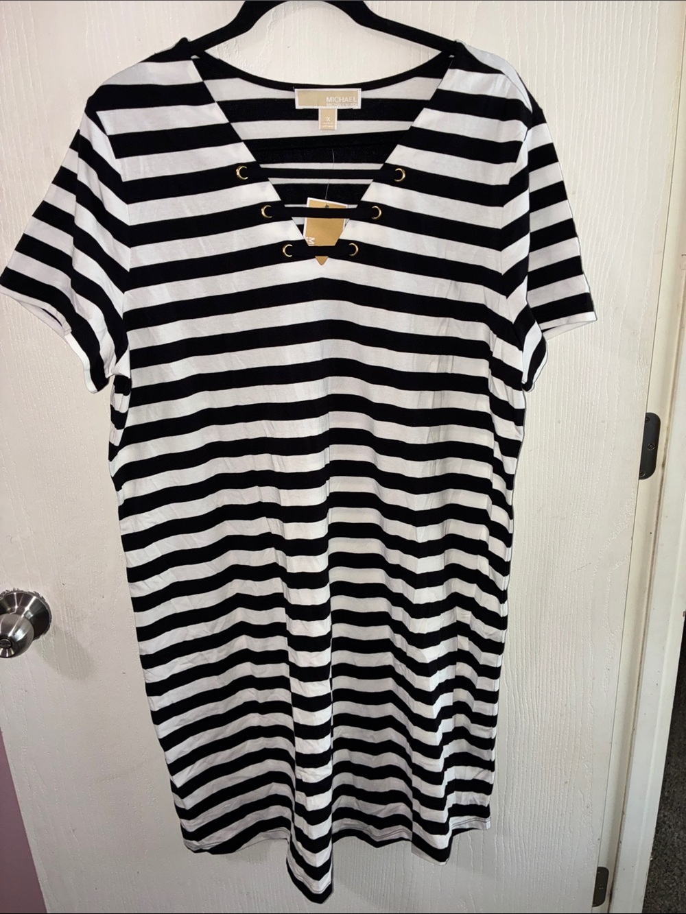 Michael Kors Black & White Striped Short Sleeve Midi Dress with Grommet Detail